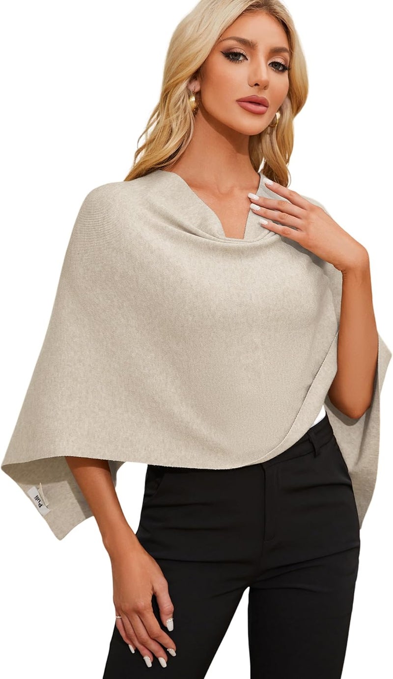 Puli Women Capri Poncho Sweater Slimming Fit Cropped Versatile Shawl Soft Knit Wraps Cowl Neck Short Tops - Image 1